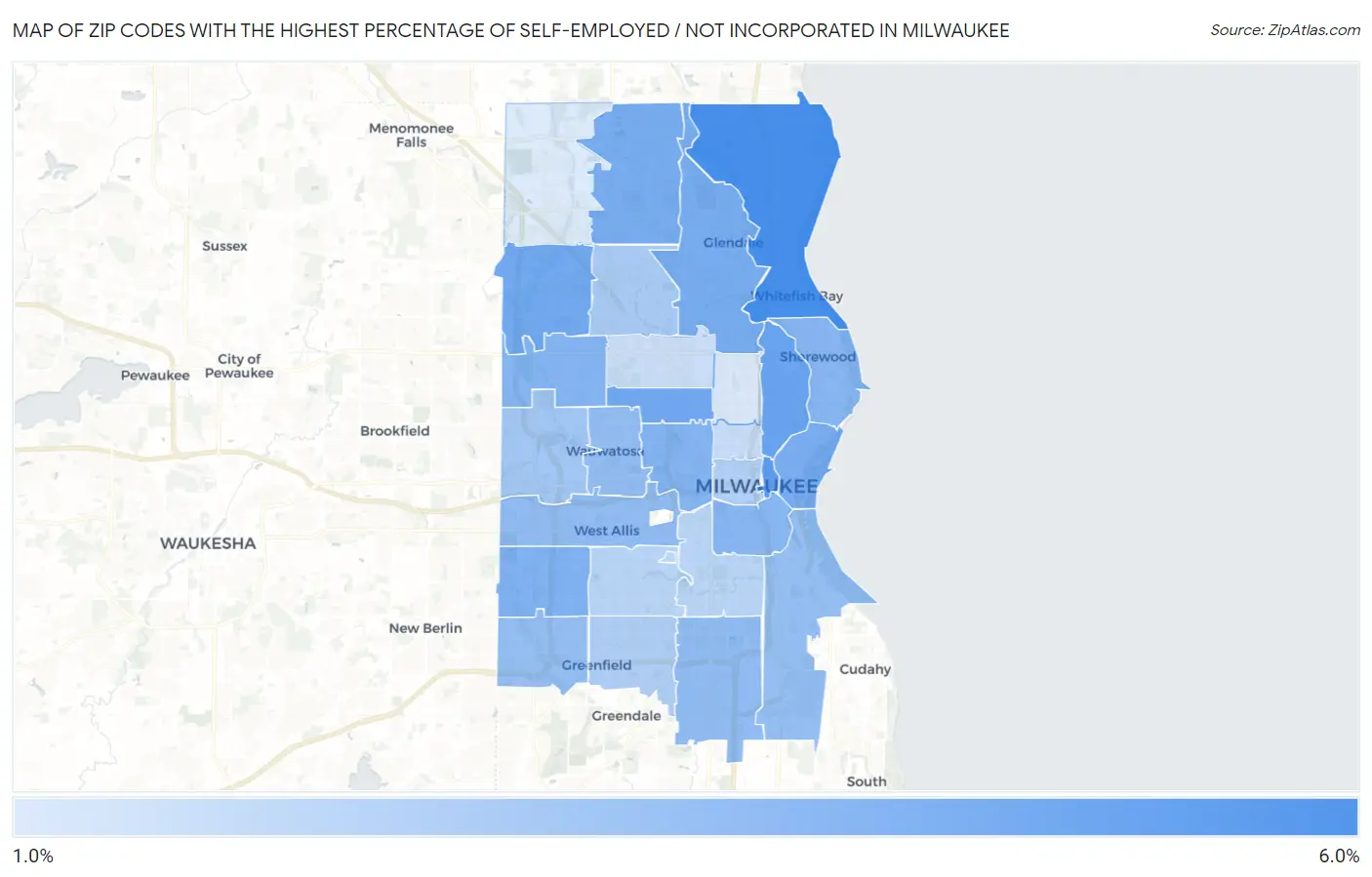 Zip Codes with the Highest Percentage of Self-Employed / Not Incorporated in Milwaukee Map