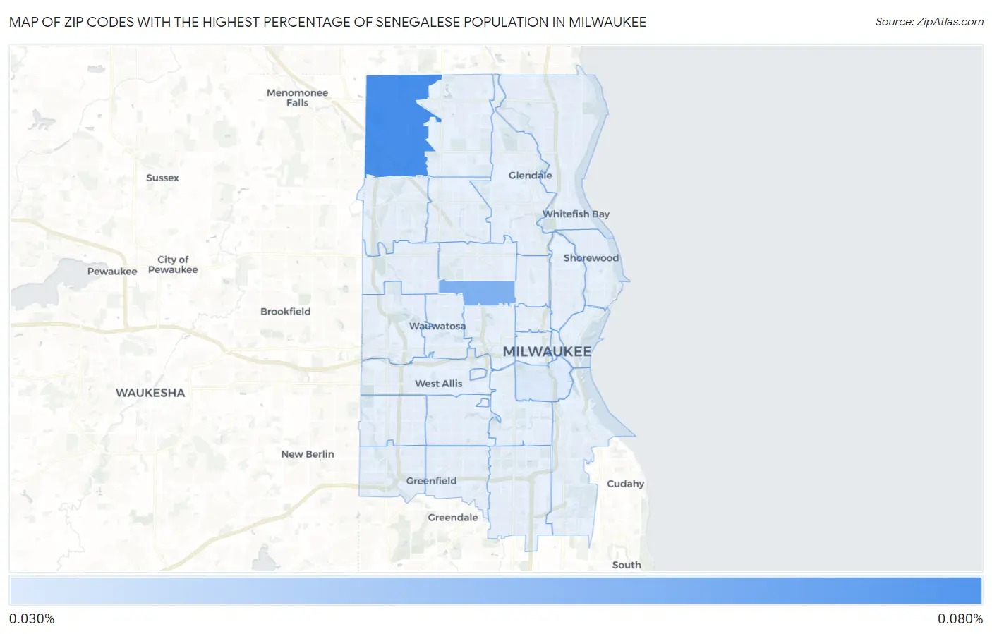 Zip Codes with the Highest Percentage of Senegalese Population in Milwaukee Map