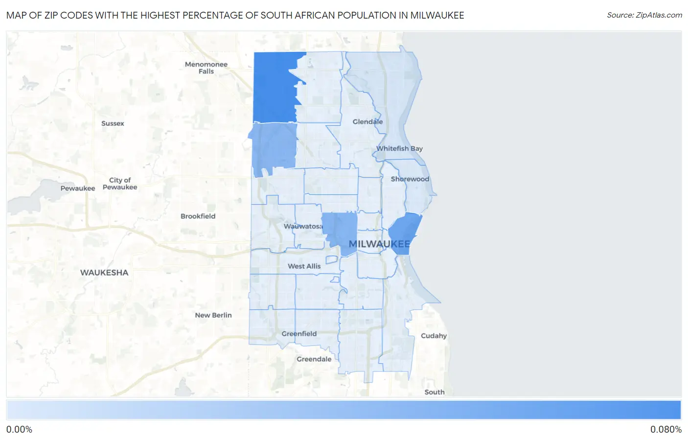 Zip Codes with the Highest Percentage of South African Population in Milwaukee Map