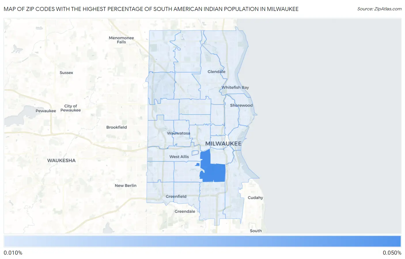 Zip Codes with the Highest Percentage of South American Indian Population in Milwaukee Map