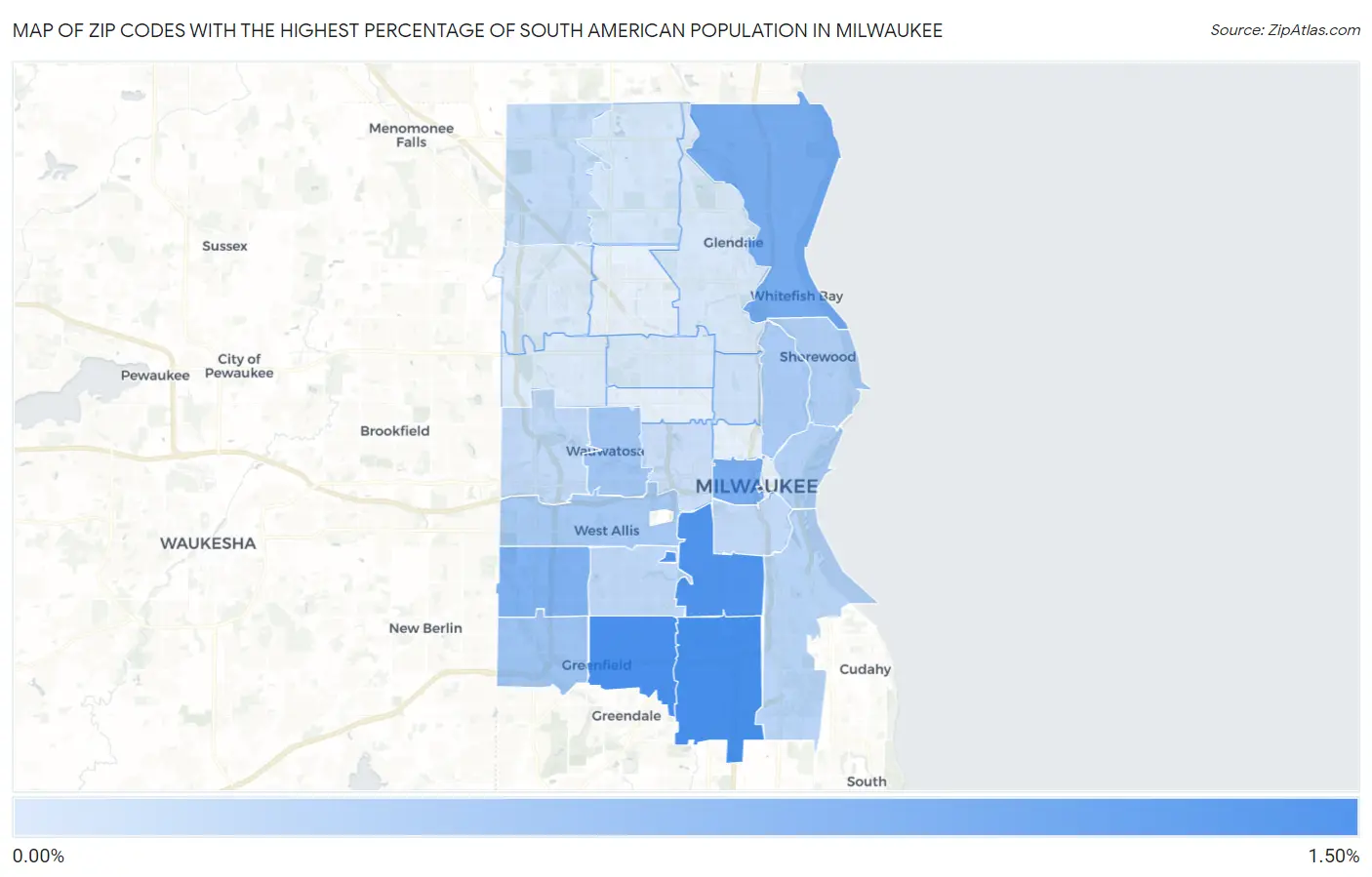 Zip Codes with the Highest Percentage of South American Population in Milwaukee Map