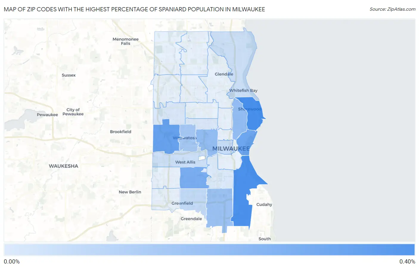 Zip Codes with the Highest Percentage of Spaniard Population in Milwaukee Map