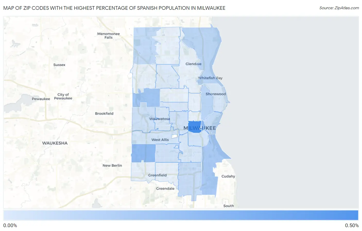 Zip Codes with the Highest Percentage of Spanish Population in Milwaukee Map