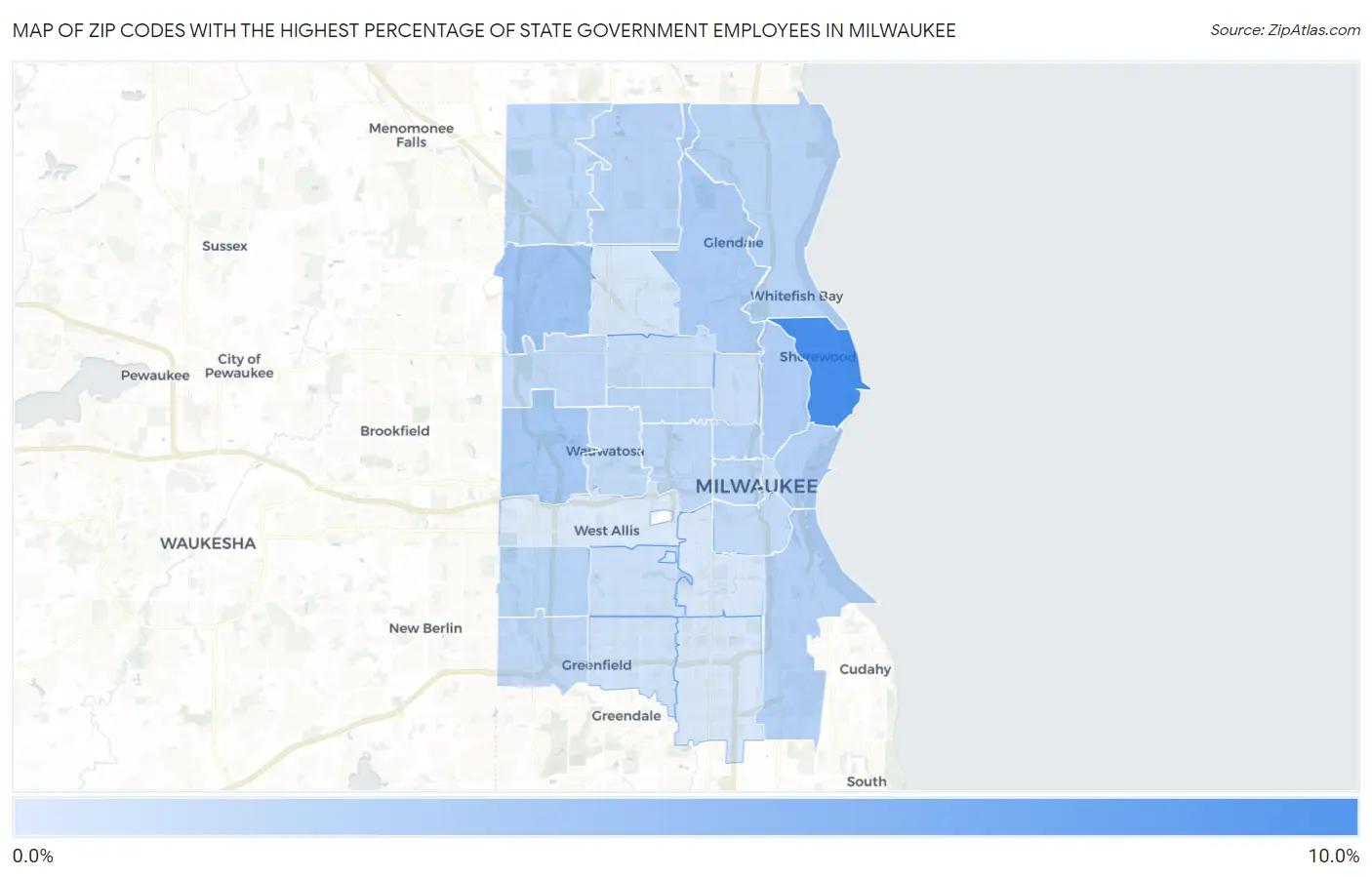 Zip Codes with the Highest Percentage of State Government Employees in Milwaukee Map