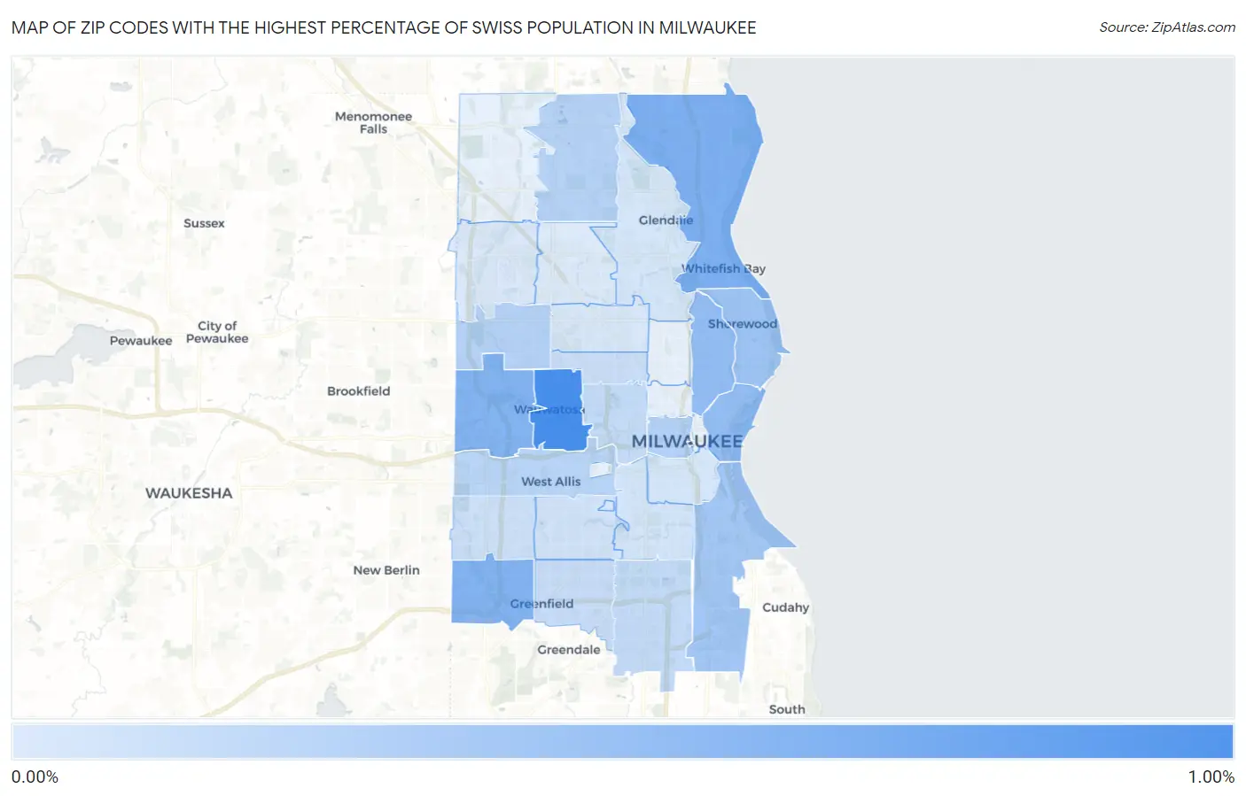 Zip Codes with the Highest Percentage of Swiss Population in Milwaukee Map