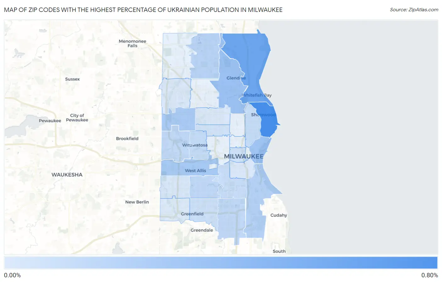Zip Codes with the Highest Percentage of Ukrainian Population in Milwaukee Map