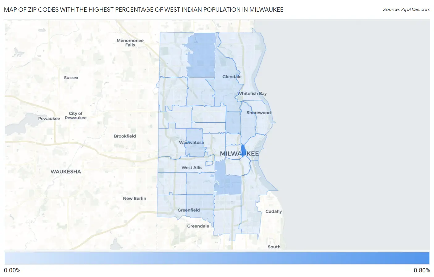 Zip Codes with the Highest Percentage of West Indian Population in Milwaukee Map