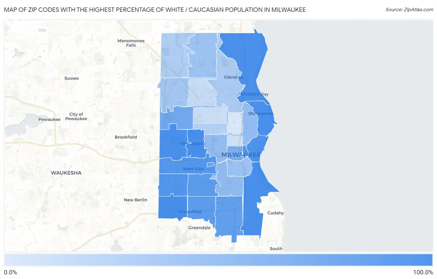 Zip Codes with the Highest Percentage of White / Caucasian Population in Milwaukee Map