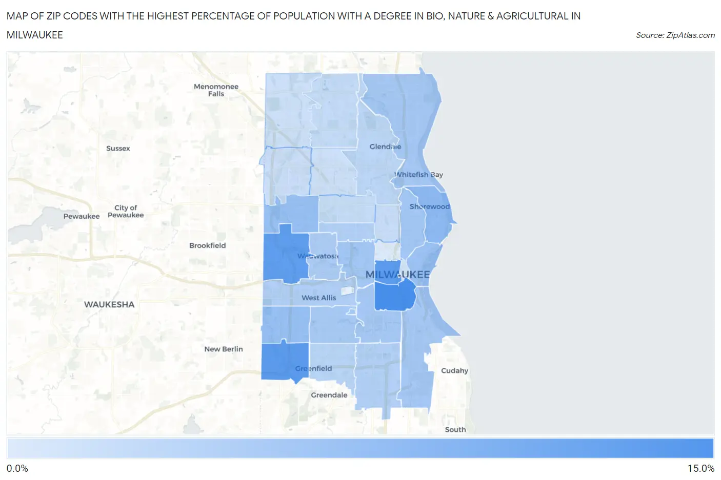 Zip Codes with the Highest Percentage of Population with a Degree in Bio, Nature & Agricultural in Milwaukee Map