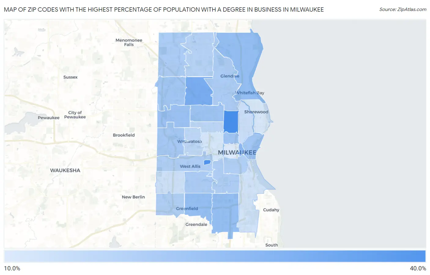 Zip Codes with the Highest Percentage of Population with a Degree in Business in Milwaukee Map