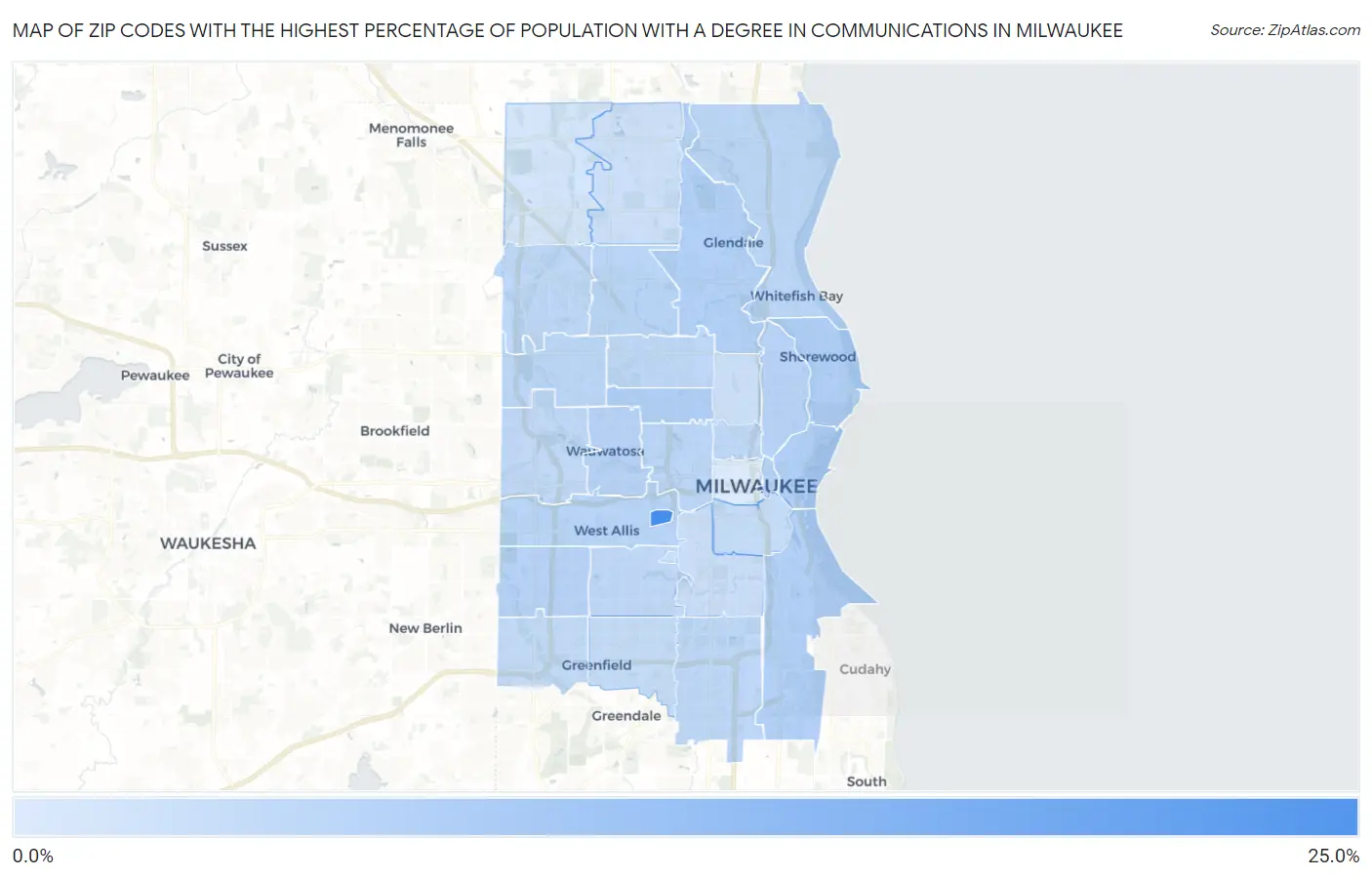 Zip Codes with the Highest Percentage of Population with a Degree in Communications in Milwaukee Map