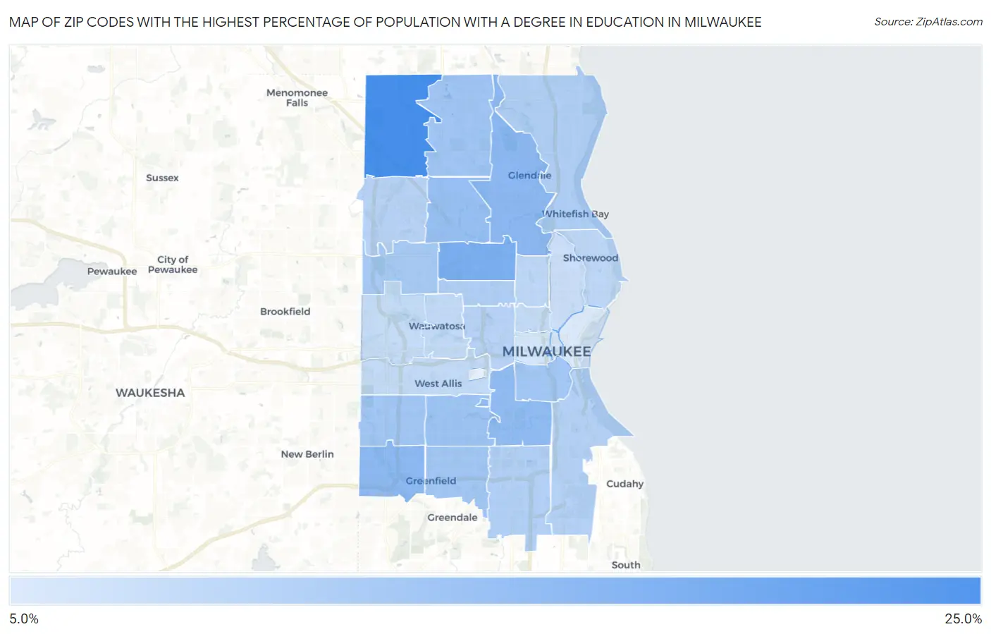 Zip Codes with the Highest Percentage of Population with a Degree in Education in Milwaukee Map