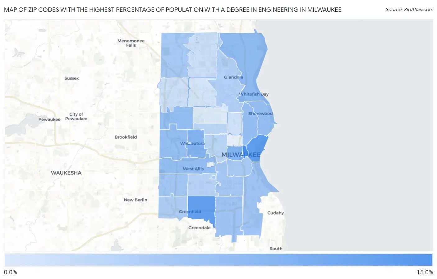 Zip Codes with the Highest Percentage of Population with a Degree in Engineering in Milwaukee Map