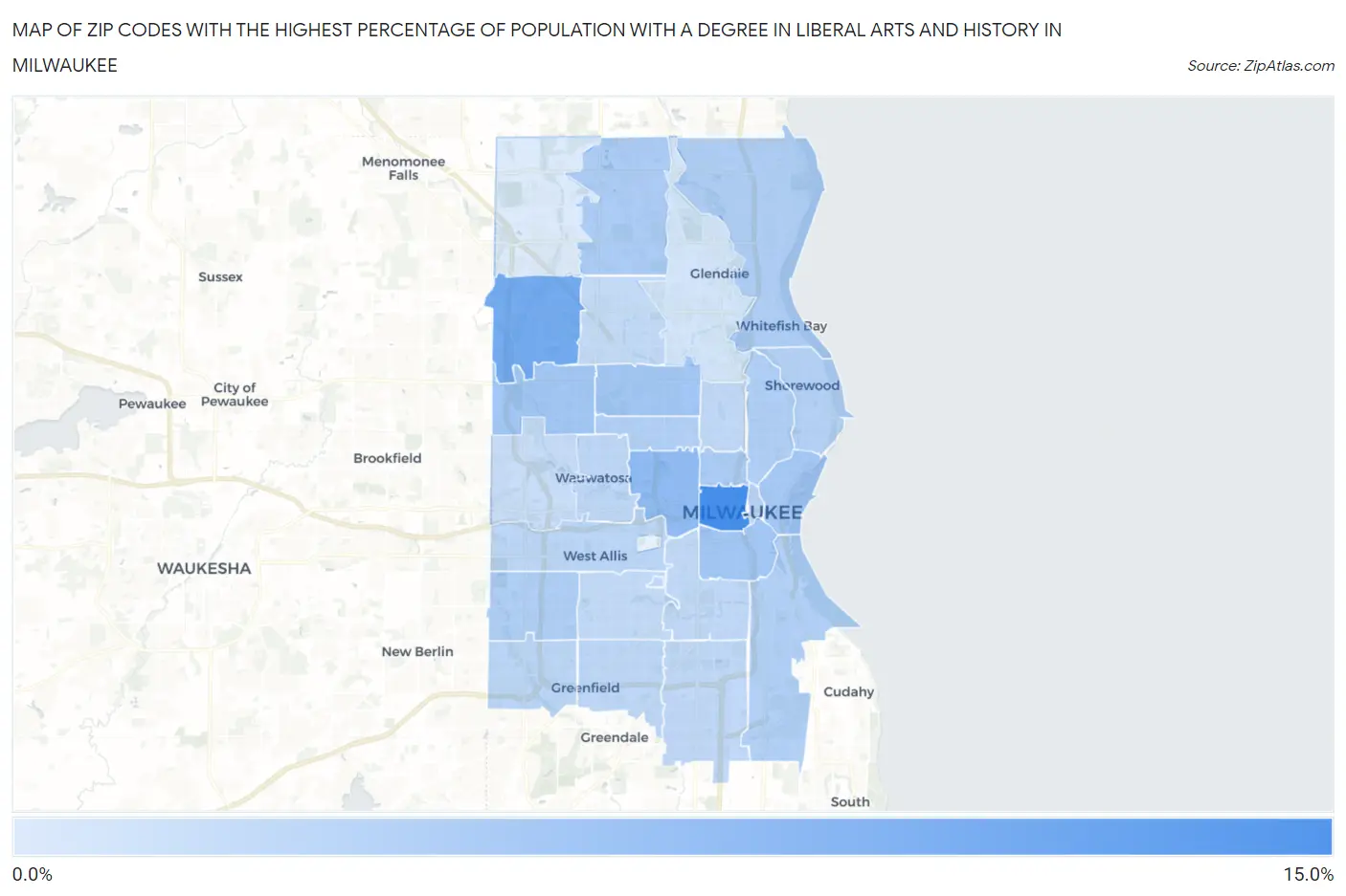 Zip Codes with the Highest Percentage of Population with a Degree in Liberal Arts and History in Milwaukee Map