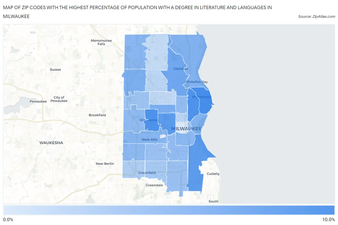 Zip Codes with the Highest Percentage of Population with a Degree in Literature and Languages in Milwaukee Map