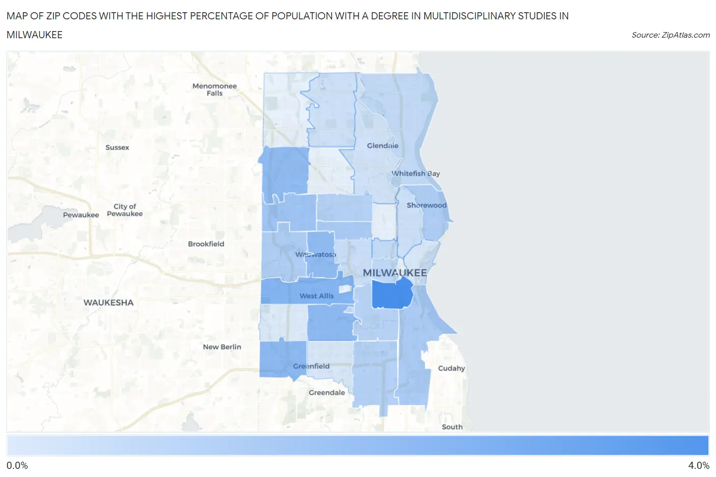 Zip Codes with the Highest Percentage of Population with a Degree in Multidisciplinary Studies in Milwaukee Map