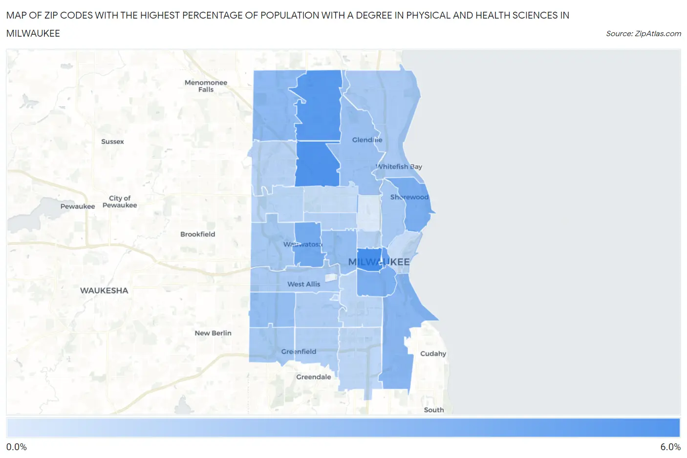 Zip Codes with the Highest Percentage of Population with a Degree in Physical and Health Sciences in Milwaukee Map
