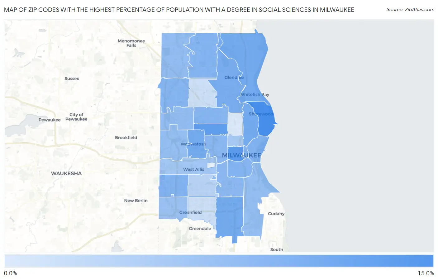 Zip Codes with the Highest Percentage of Population with a Degree in Social Sciences in Milwaukee Map