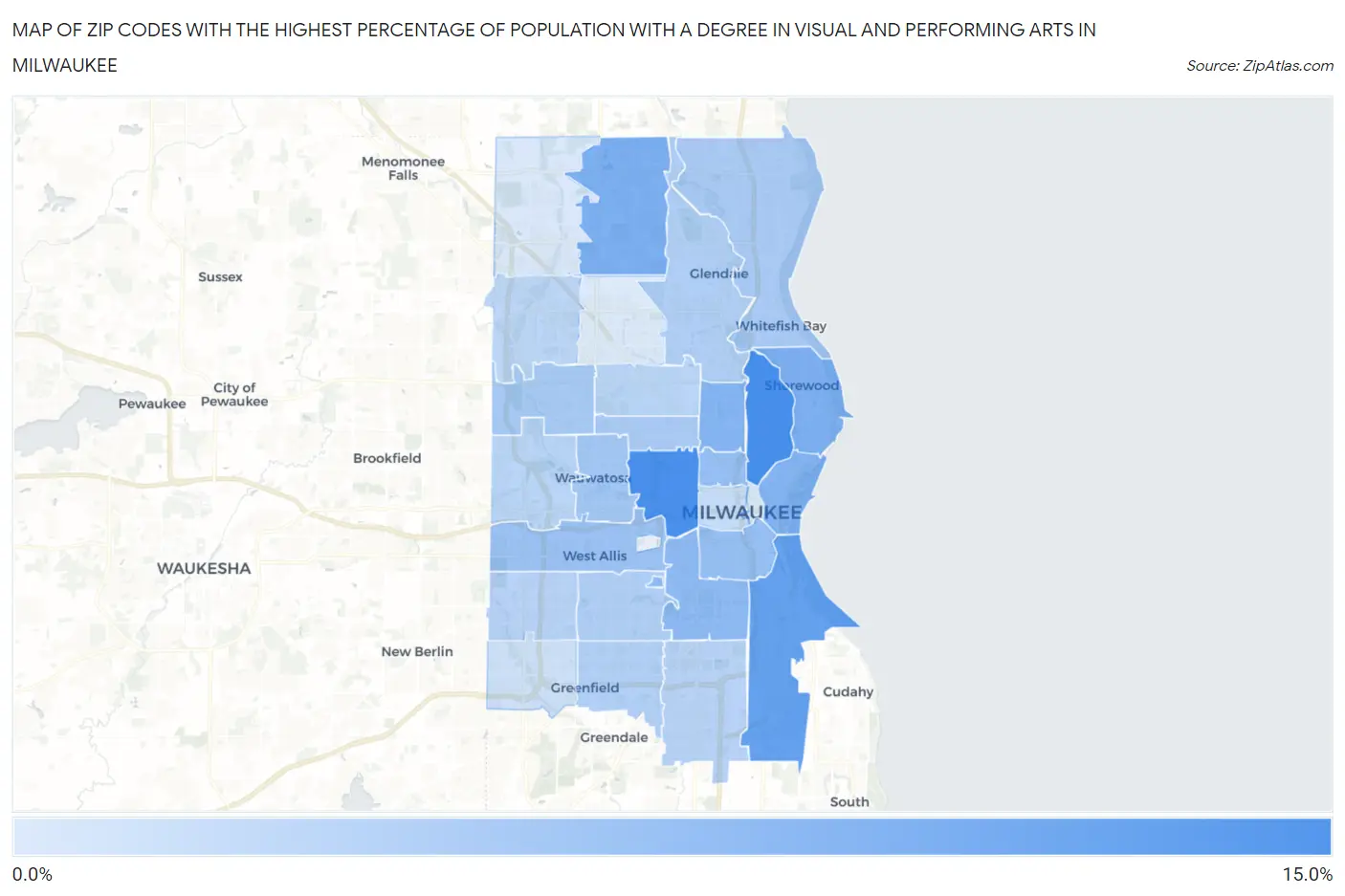 Zip Codes with the Highest Percentage of Population with a Degree in Visual and Performing Arts in Milwaukee Map