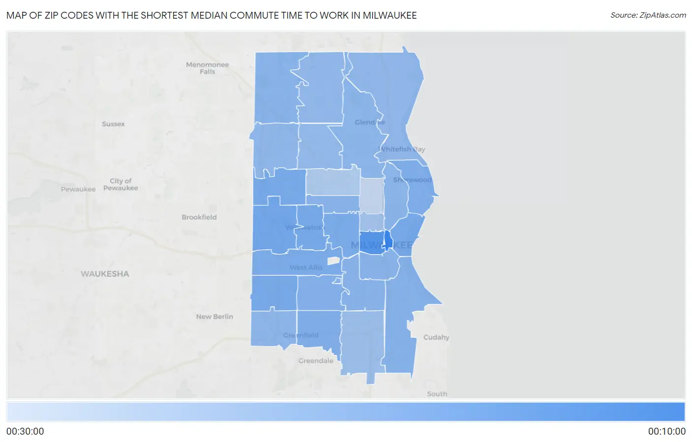 Zip Codes with the Shortest Median Commute Time to Work in Milwaukee Map