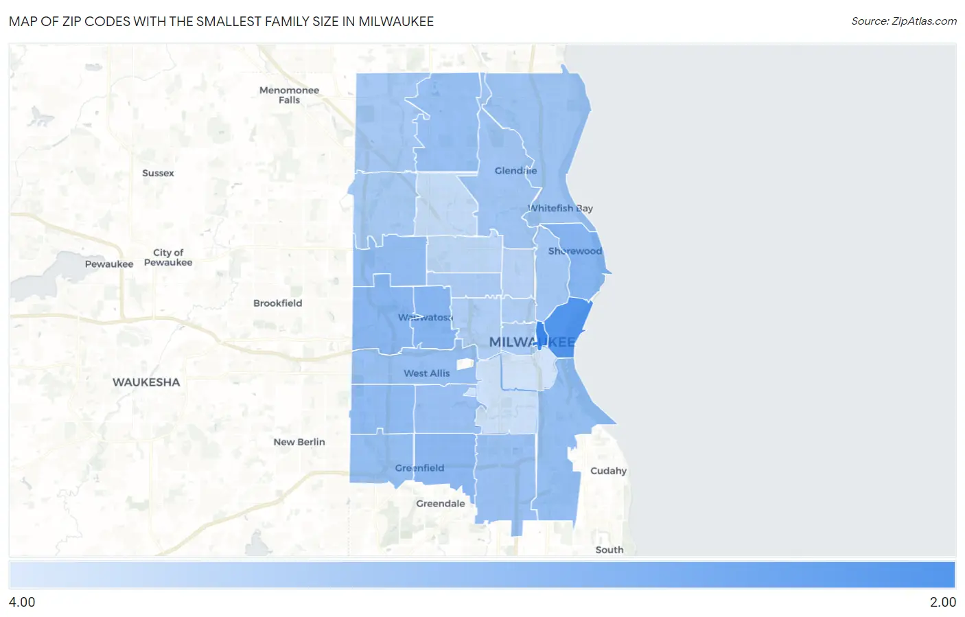 Zip Codes with the Smallest Family Size in Milwaukee Map