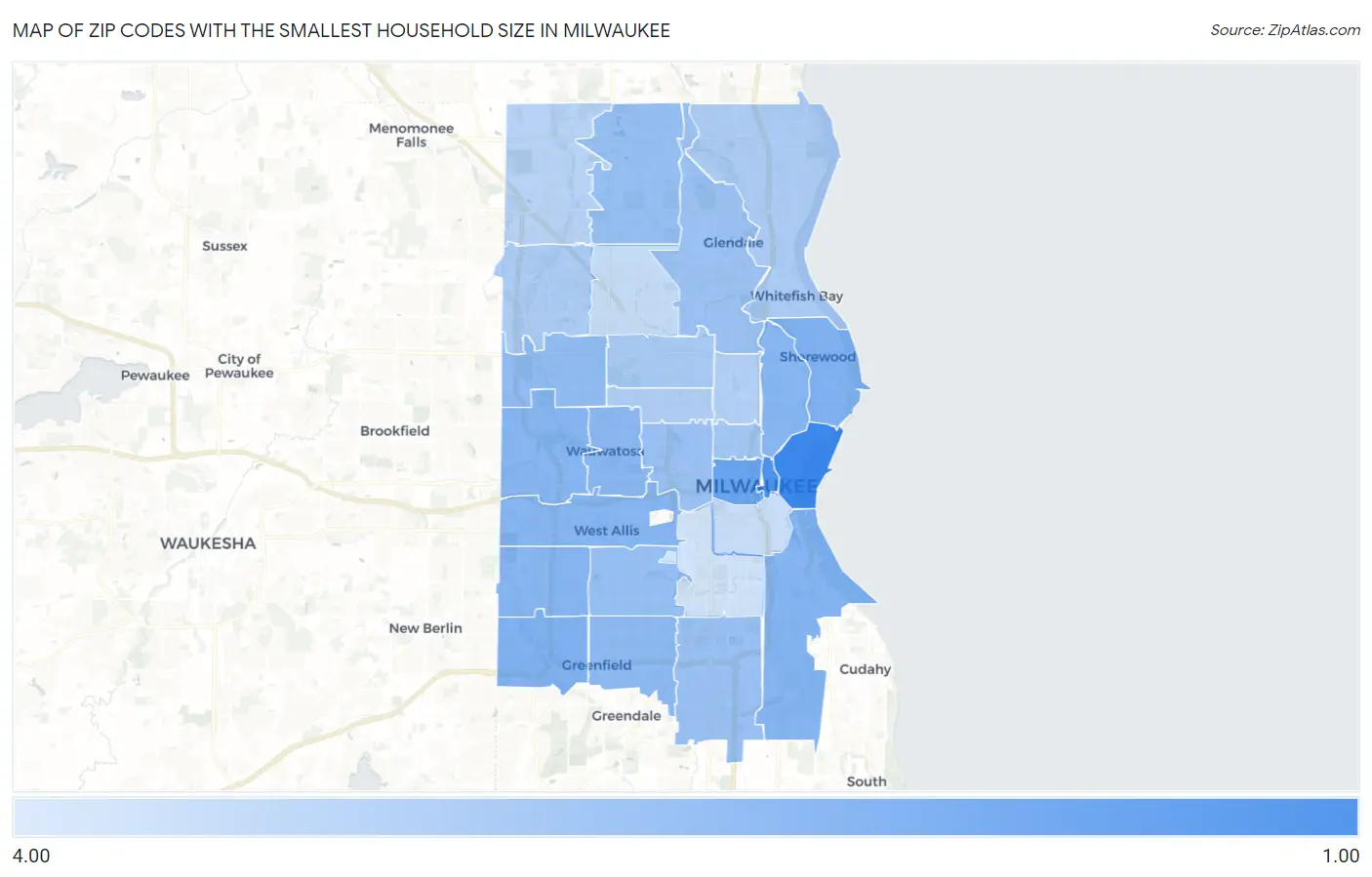 Zip Codes with the Smallest Household Size in Milwaukee Map