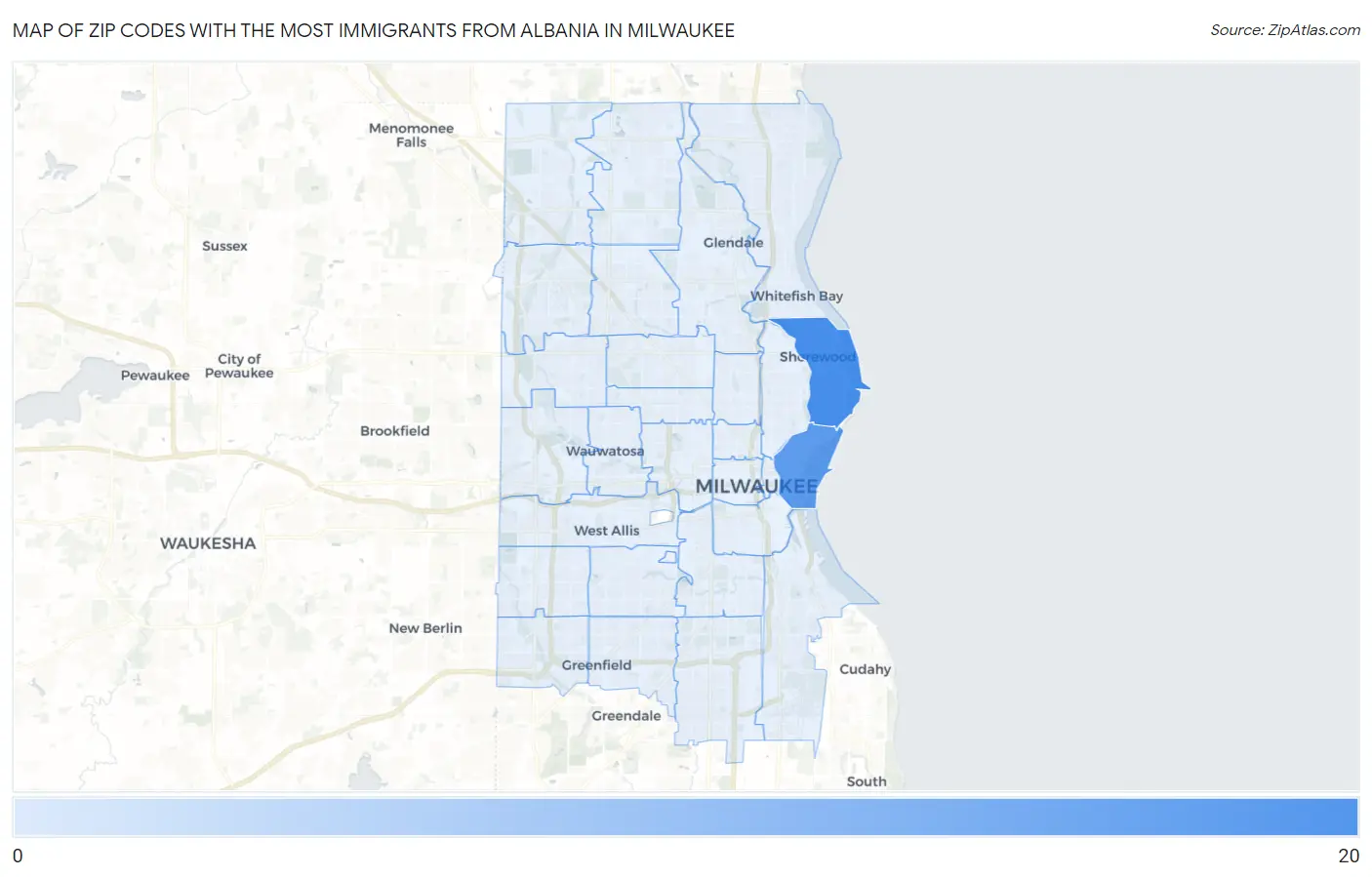 Zip Codes with the Most Immigrants from Albania in Milwaukee Map