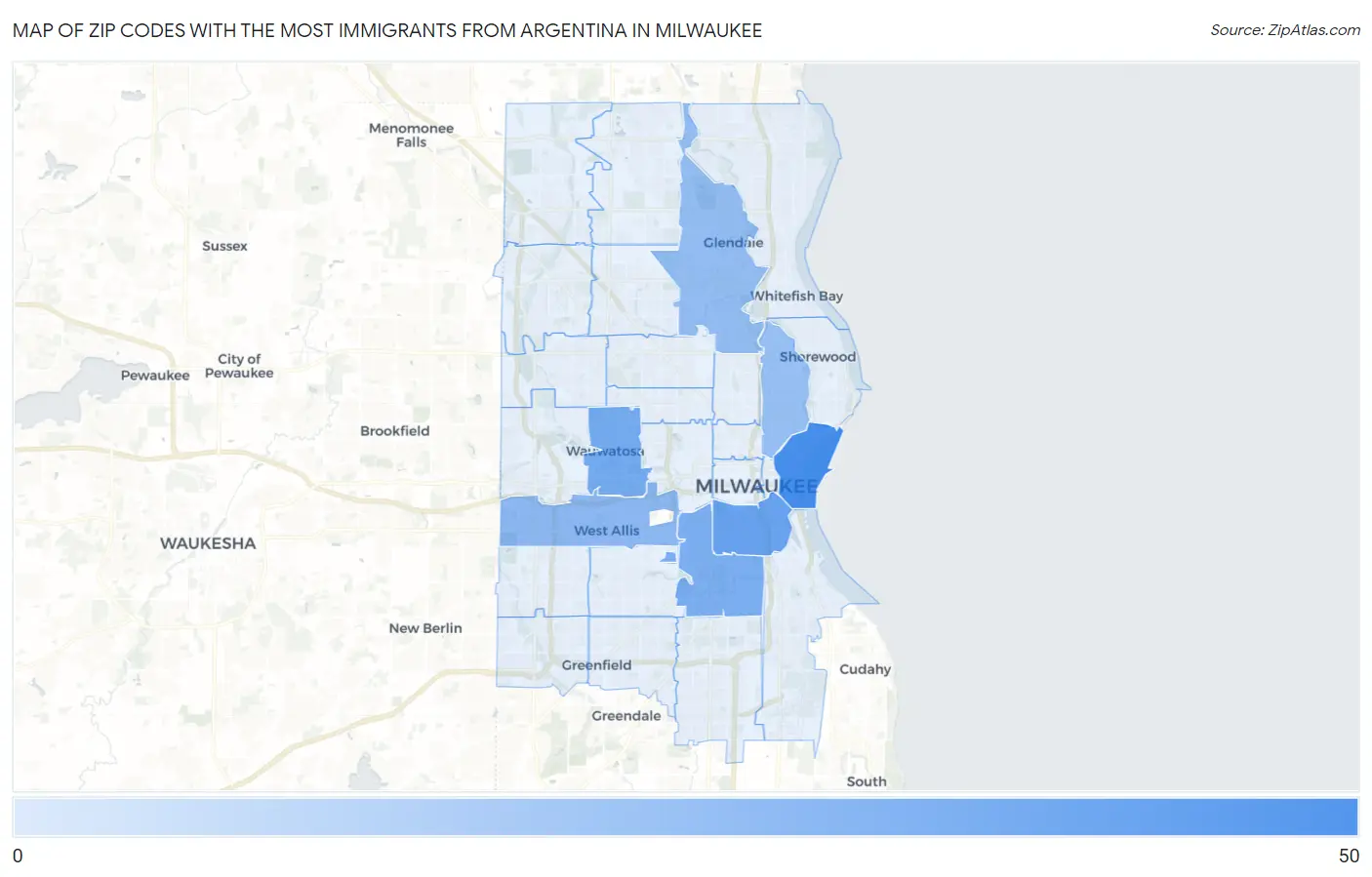 Zip Codes with the Most Immigrants from Argentina in Milwaukee Map