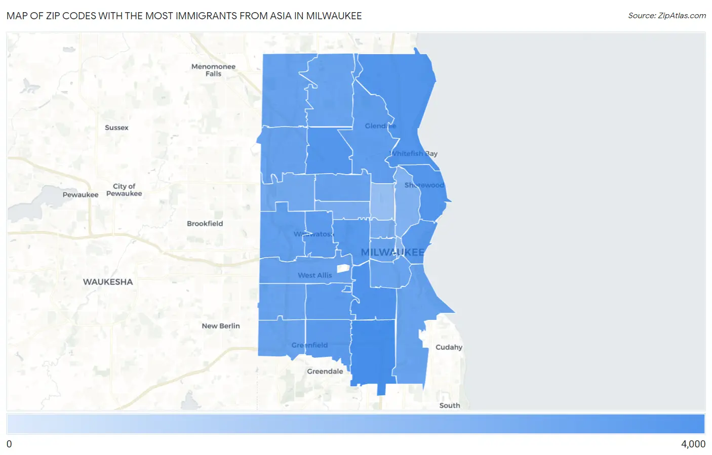 Zip Codes with the Most Immigrants from Asia in Milwaukee Map