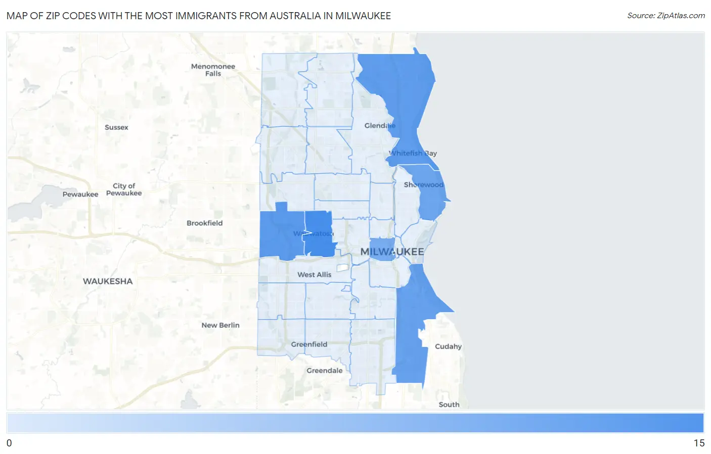 Zip Codes with the Most Immigrants from Australia in Milwaukee Map