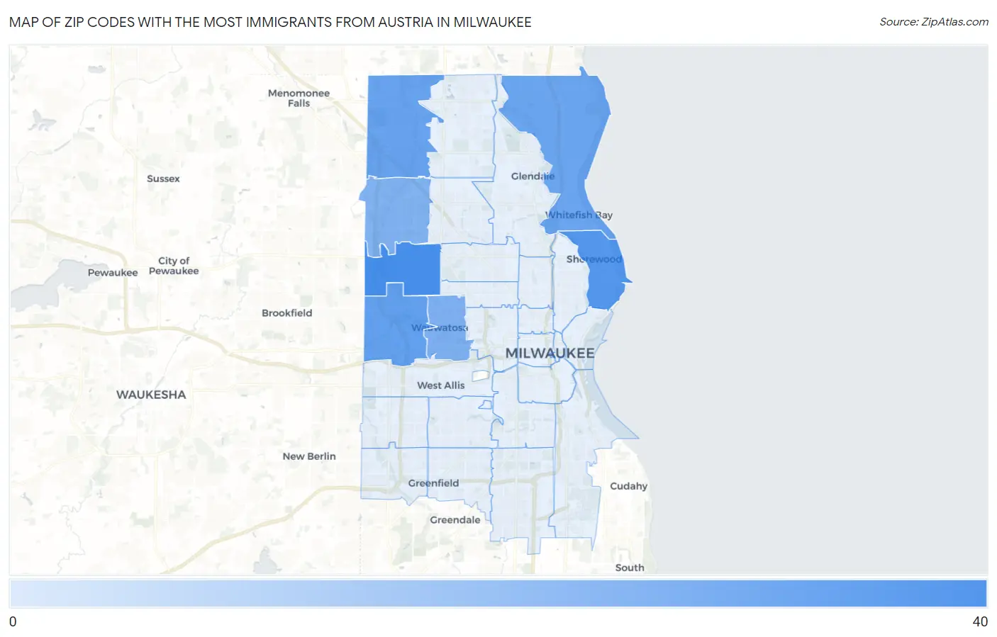 Zip Codes with the Most Immigrants from Austria in Milwaukee Map