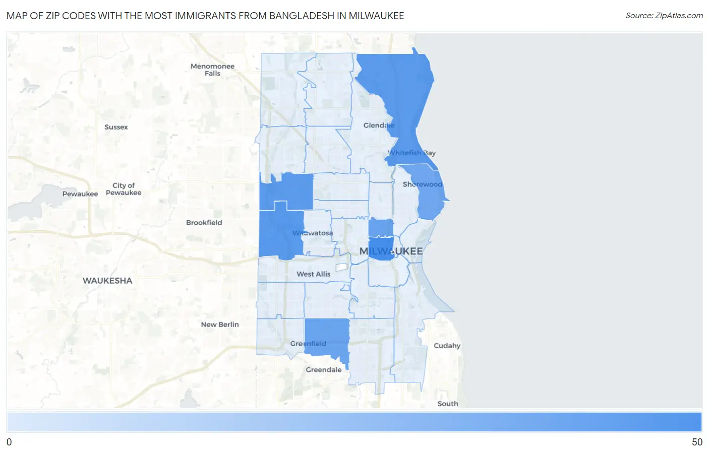 Zip Codes with the Most Immigrants from Bangladesh in Milwaukee Map