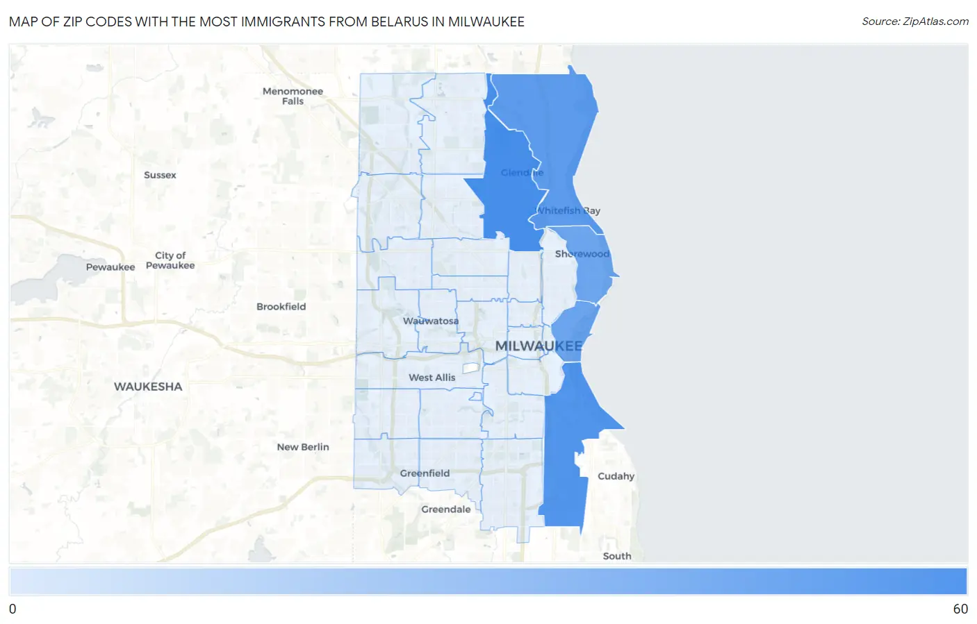 Zip Codes with the Most Immigrants from Belarus in Milwaukee Map
