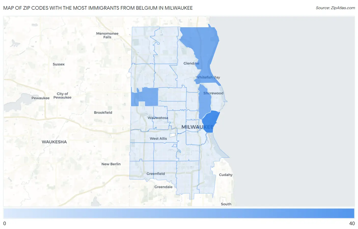 Zip Codes with the Most Immigrants from Belgium in Milwaukee Map
