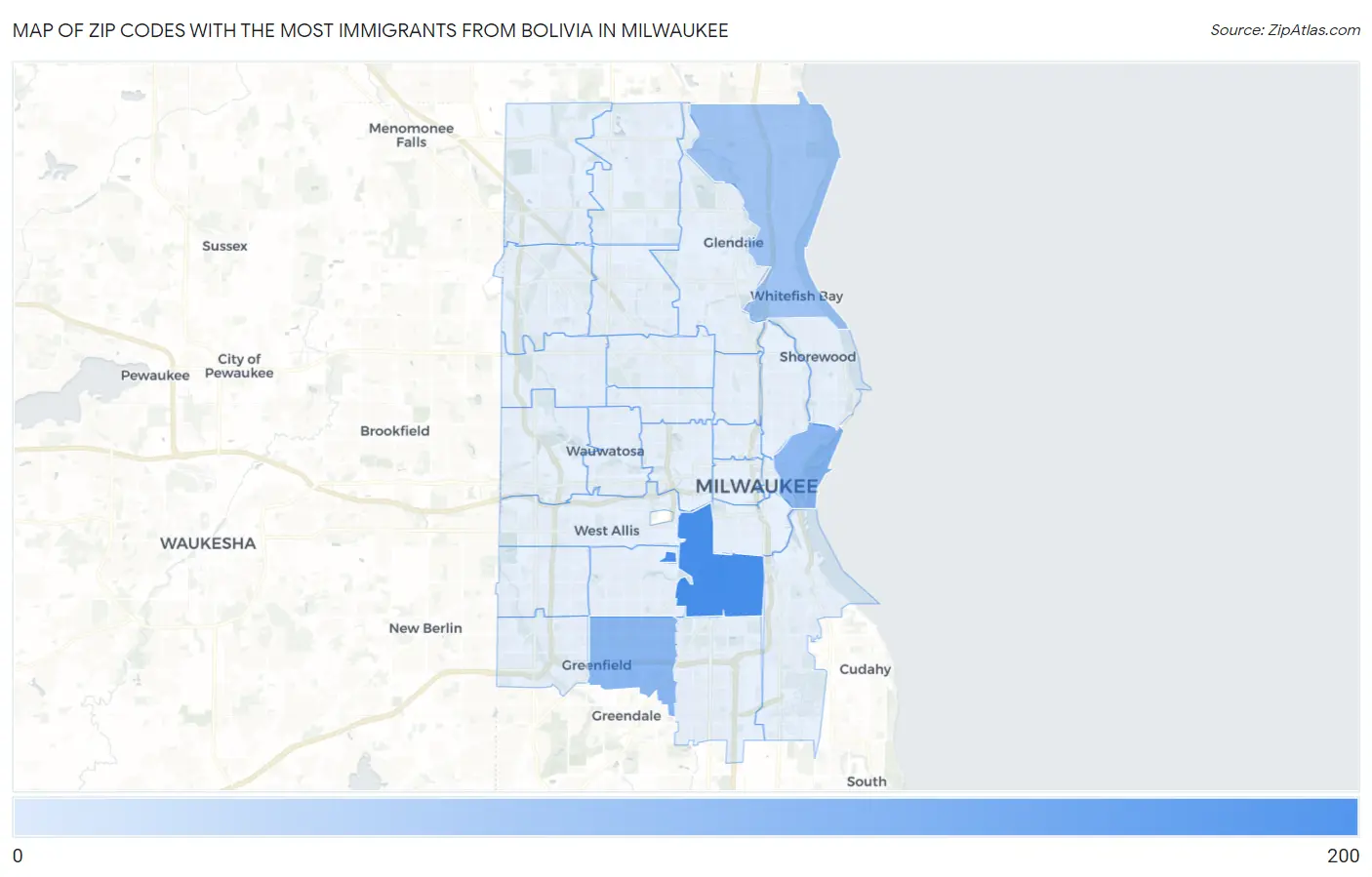 Zip Codes with the Most Immigrants from Bolivia in Milwaukee Map