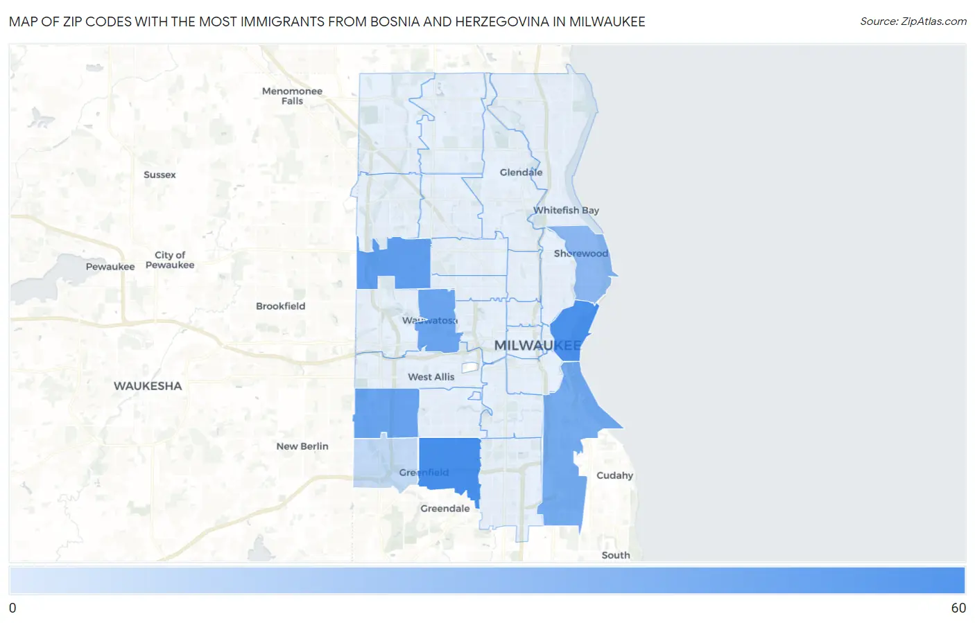Zip Codes with the Most Immigrants from Bosnia and Herzegovina in Milwaukee Map