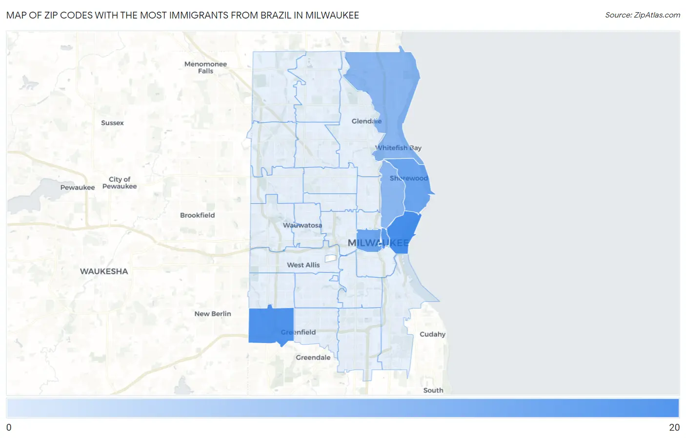 Zip Codes with the Most Immigrants from Brazil in Milwaukee Map
