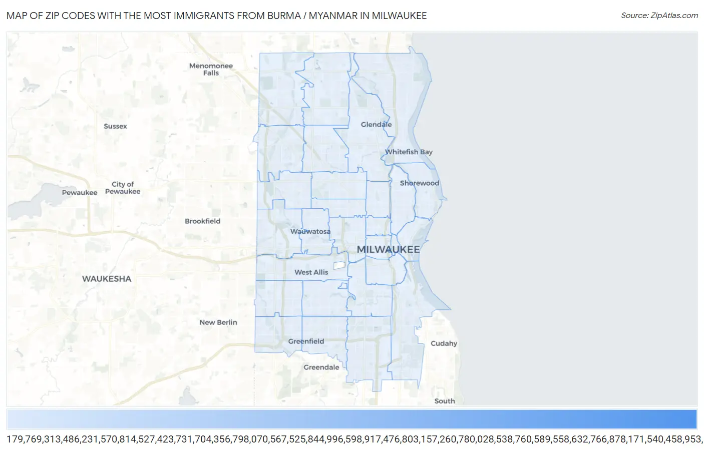 Zip Codes with the Most Immigrants from Burma / Myanmar in Milwaukee Map