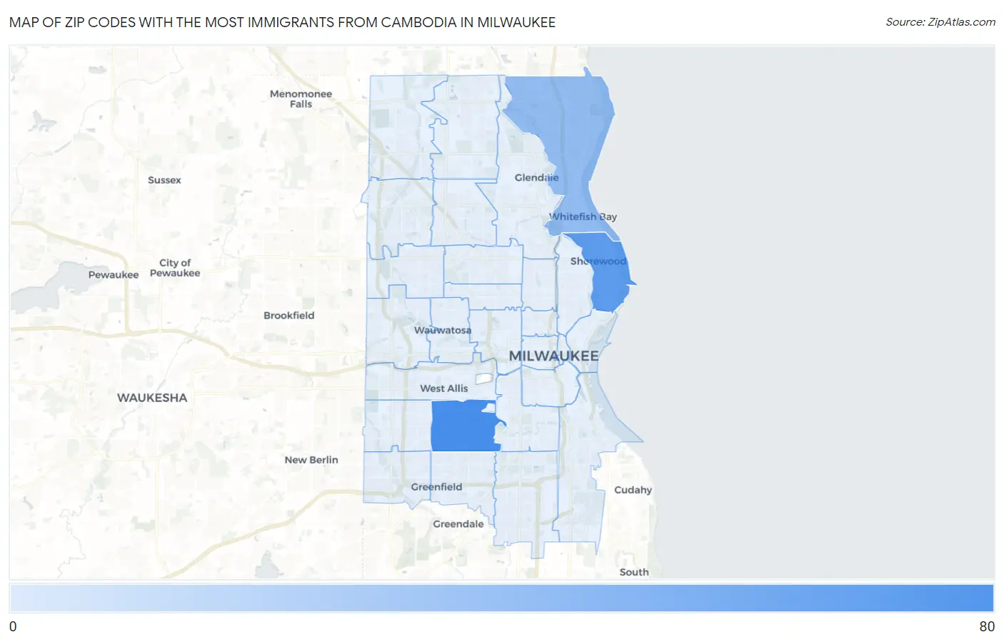Zip Codes with the Most Immigrants from Cambodia in Milwaukee Map