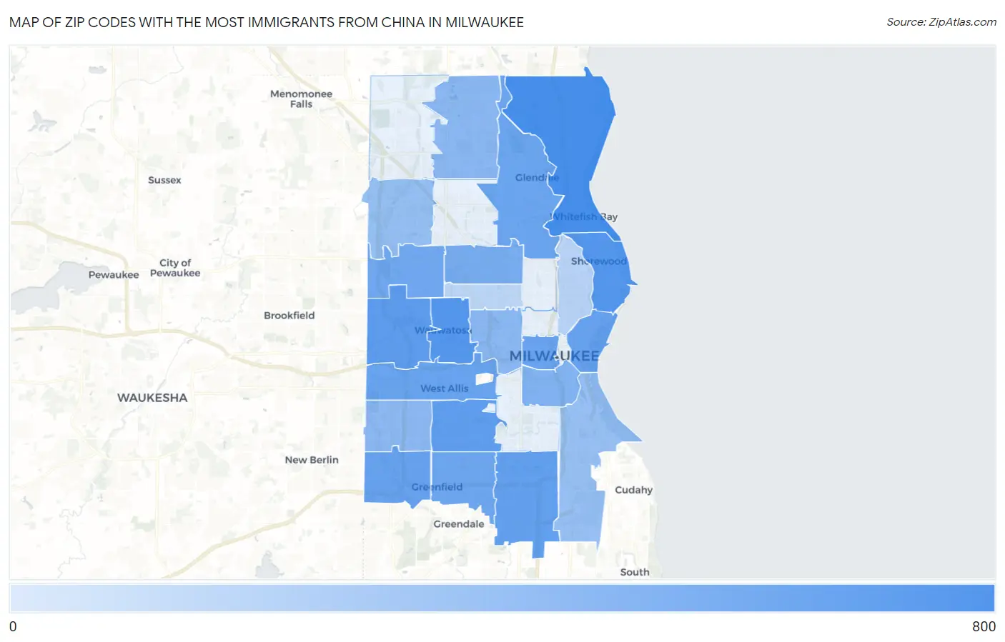 Zip Codes with the Most Immigrants from China in Milwaukee Map