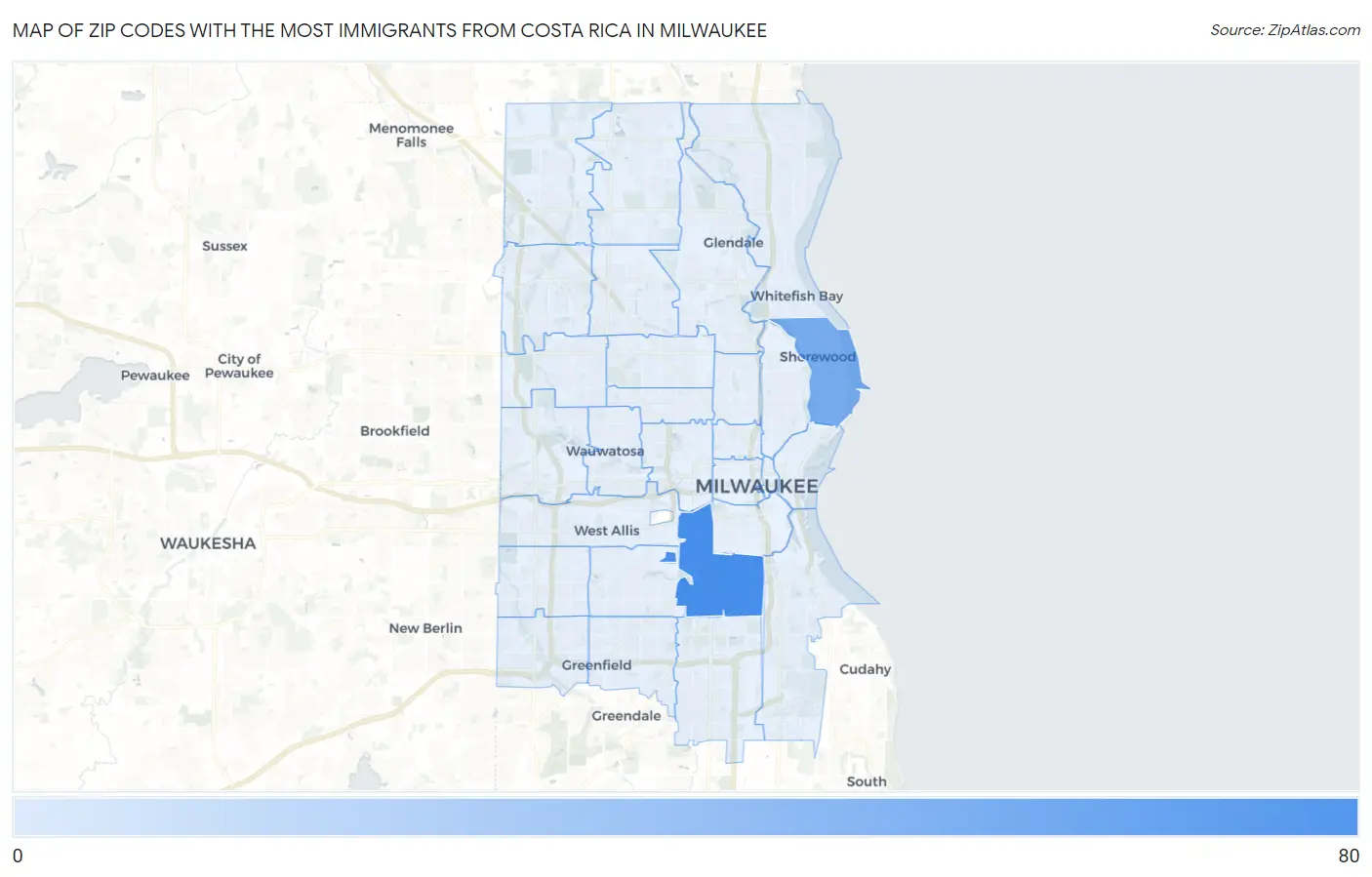 Zip Codes with the Most Immigrants from Costa Rica in Milwaukee Map
