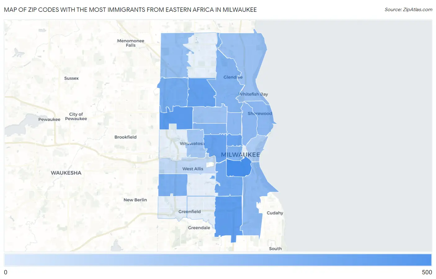 Zip Codes with the Most Immigrants from Eastern Africa in Milwaukee Map
