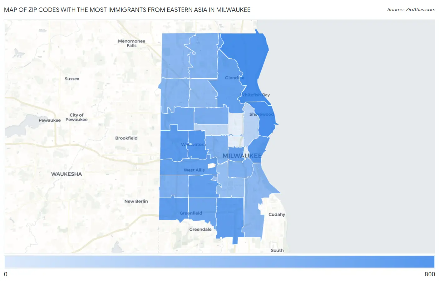 Zip Codes with the Most Immigrants from Eastern Asia in Milwaukee Map