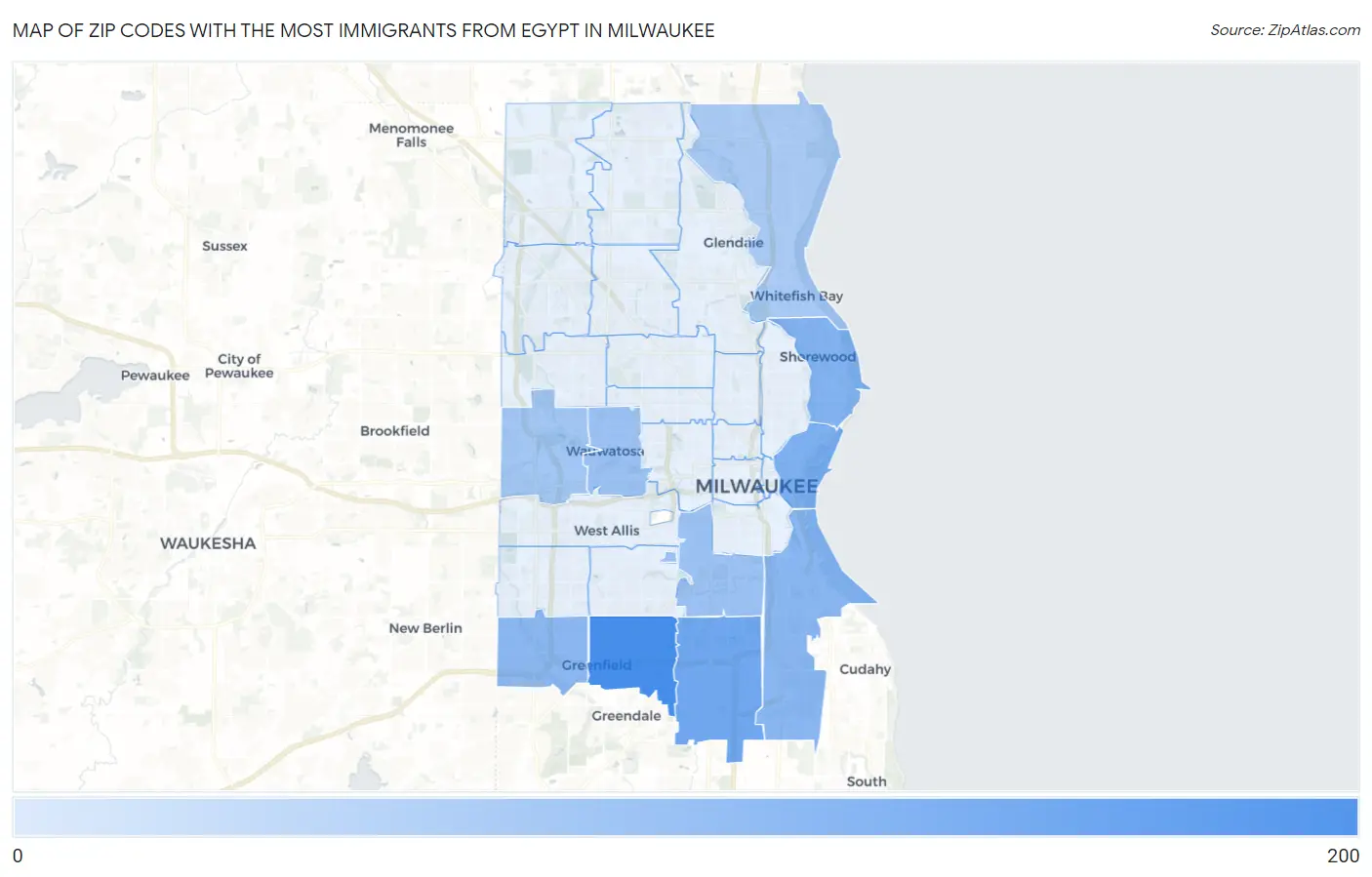 Zip Codes with the Most Immigrants from Egypt in Milwaukee Map