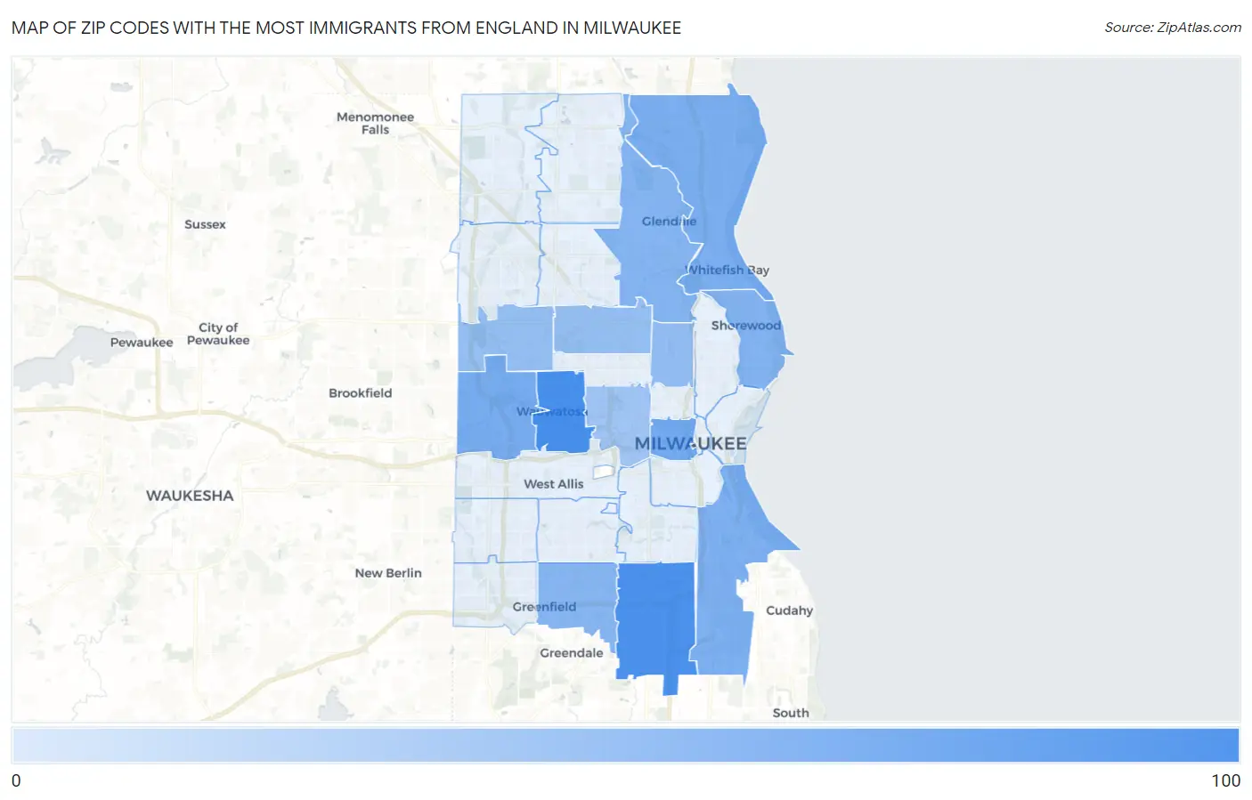 Zip Codes with the Most Immigrants from England in Milwaukee Map