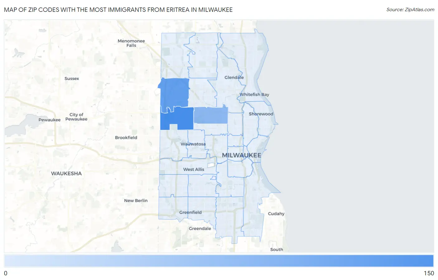 Zip Codes with the Most Immigrants from Eritrea in Milwaukee Map