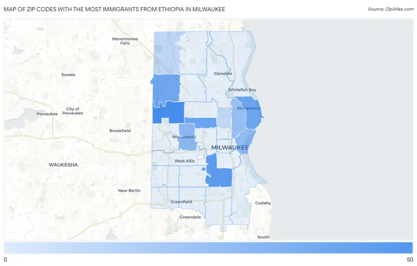Zip Codes with the Most Immigrants from Ethiopia in Milwaukee Map