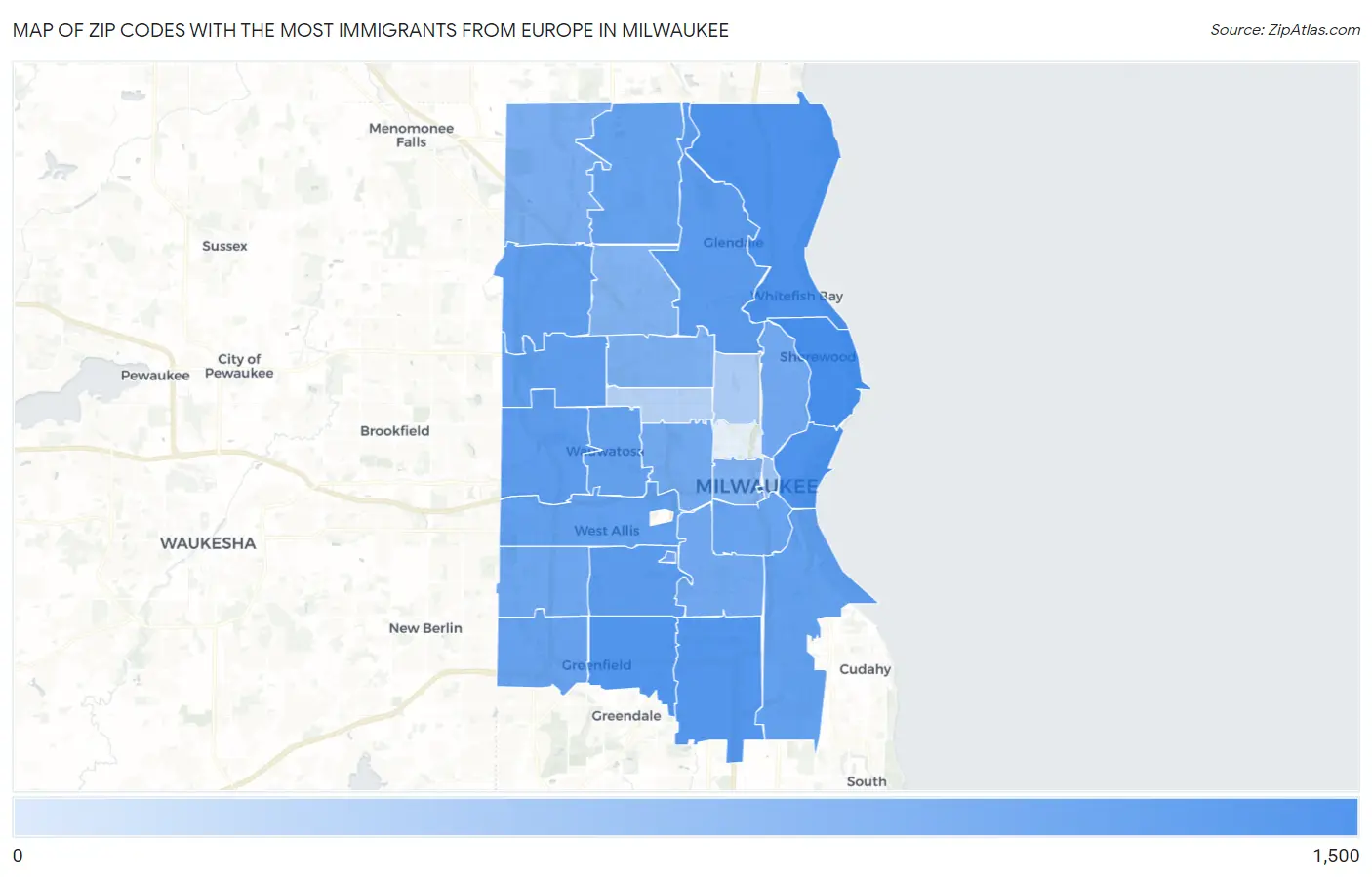 Zip Codes with the Most Immigrants from Europe in Milwaukee Map