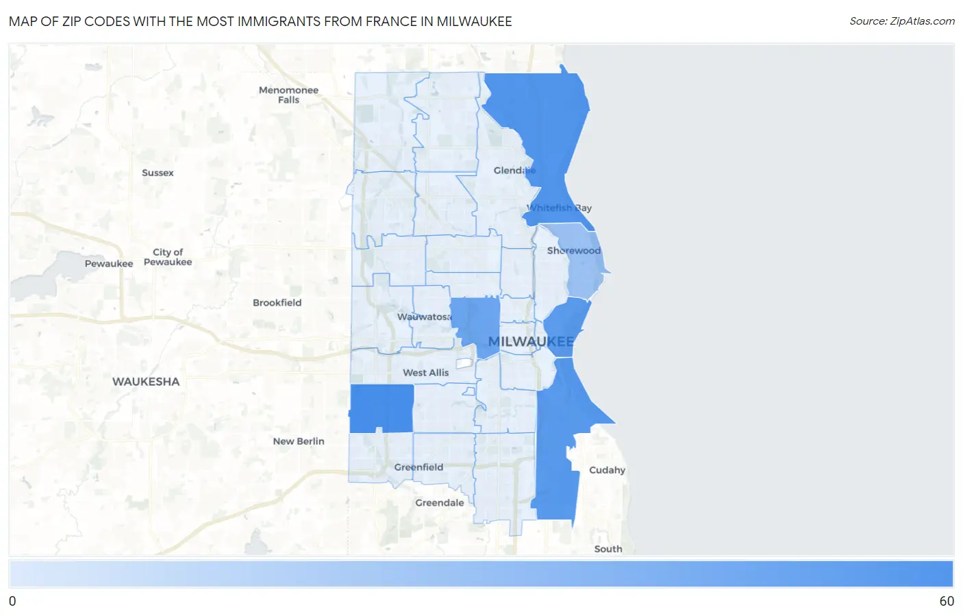 Zip Codes with the Most Immigrants from France in Milwaukee Map