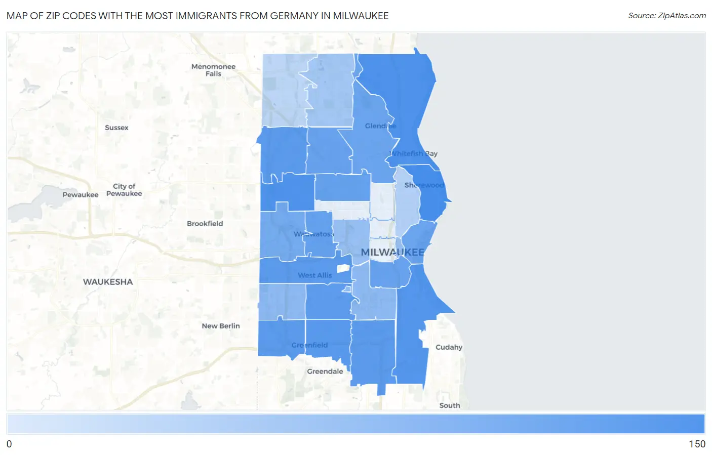 Zip Codes with the Most Immigrants from Germany in Milwaukee Map